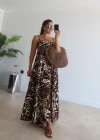 Kahverengi Leopar Desen Maxi Elbise