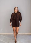 Kahverengi Mini Şifon Elbise