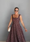Kahverengi Puantiyeli Maxi Elbise