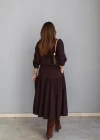Kahverengi Volan Yaka Midi Elbise