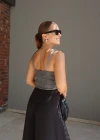 KIRÇILLI Gri Tüvit Crop Bluz
