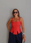 KIRMIZI Askısı Bağlamalı Parça Detay Crop Bluz