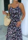 Lacivert Askılı Çiçek Desen Şifon Elbise
