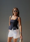 Lacivert Askısı Bağlamalı Parça Detay Crop Bluz