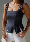 Lacivert Askısı Bağlamalı Parça Detay Crop Bluz