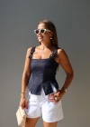 Lacivert Askısı Bağlamalı Parça Detay Crop Bluz