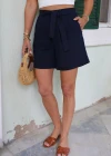 Lacivert Bel Bağlama Detay Keten Şort