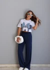 Lacivert Beli Lastikli Bol Paça Pantolon