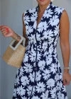 Lacivert Çiçek Desen Beli Lastikli Elbise