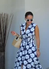 Lacivert Çiçek Desen Beli Lastikli Elbise