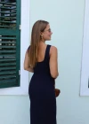 Lacivert Drape Detay Yırtmaçlı Elbise