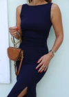 Lacivert Drape Detay Yırtmaçlı Elbise