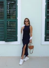 Lacivert Drape Detay Yırtmaçlı Elbise