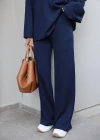 Lacivert Düşük Omuz Bluz Pantalon Takım