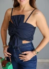 Lacivert Fiyonk Detay Crop Bluz