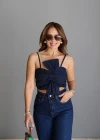 Lacivert Fiyonk Detay Crop Bluz