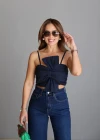 Lacivert Fiyonk Detay Crop Bluz