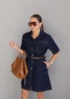Lacivert Kemerli Mini Jean Elbise