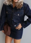 Navy Blue Leopard Fur Collar Denim Jacket
