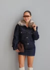 Navy Blue Leopard Fur Collar Denim Jacket