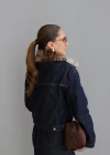 Navy Blue Leopard Fur Collar Denim Jacket