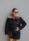 Navy Blue Leopard Fur Collar Denim Jacket