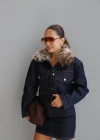 Navy Blue Leopard Fur Collar Denim Jacket