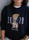 Lacivert Teddy Nakış Detay Sweat