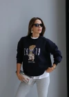 Lacivert Teddy Nakış Detay Sweat