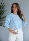 Mavi Kolu Katlı Fırfır Detay Bluz