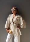 NATURAL Bej İşlemeli Crop Kimono Takım