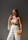 NATURAL Bej İşlemeli Crop Kimono Takım
