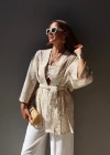 NATURAL Bej İşlemeli Crop Kimono Takım