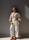 NATURAL Bej İşlemeli Crop Kimono Takım