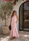 PEMBE Sırt Dekolte Keten Elbise