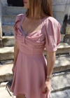 Pudra Yaka Drape Detay Astarlı Elbise