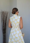 SARI Çiçek Desen Beli Lastikli Elbise