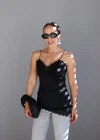 Siyah Asimetrik Dantel Detay Bluz
