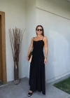 Siyah Askılı Drape Detay Maxi Boy Elbise
