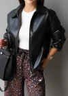 Siyah Beli Lastikli Deri Ceket