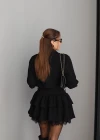 Siyah Dantel Detay Kuşaklı Elbise