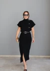 Siyah Dik Yaka Kemerli Midi Elbise