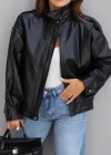 Siyah Dik Yaka Suni Deri Ceket