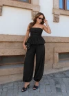 Siyah Drape Detay Balon Bluz Pantolon Takım