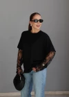 Siyah Kol Dantel Detay Tshirt