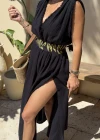 Siyah Kuşak Detay Helen Elbise