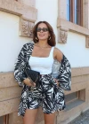 Siyah Palmiye Desen Kimono Şort Takım