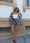 Siyah Palmiye Desen Kimono Şort Takım