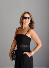 Siyah Püskül Detay Askılı Crop Bluz