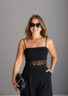 Siyah Püskül Detay Askılı Crop Bluz